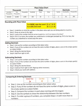 Preview of 5th Grade Beginning of Year Math Study Guide - Place Value, Decimals, Numbers