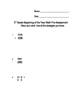 Preview of 5th Grade Beginning of the Year Math Pre-Assessment Pre-Test - {Editable}