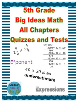 Preview of 5th Grade Big Ideas Math All Chapters Quizzes and Tests-Common Core-MRL-Editable