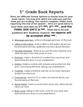 Preview of 5th Grade Book Report Choice List and Rubric