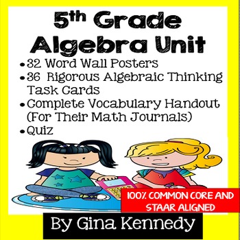 Preview of 5th Grade Algebra Unit, Handouts, Word Wall, Task Cards and Assessment
