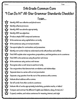 5th grade common core i can languagegrammar checklist tpt