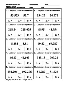 5th Grade Common Core Math 5 NBT.3 Compare Decimals To Thousandths 5
