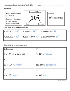 5.NBT.2 5th Grade Common Core Math Practice or Assessments Exponents