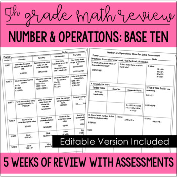 Preview of 5th Grade Math Spiral Review (Number and Operations: Base Ten) *Editable*