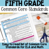 5th Grade Common Core - Standards List - ELA & Math