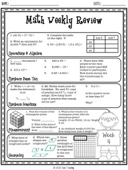 5th grade math common core weekly review printables by