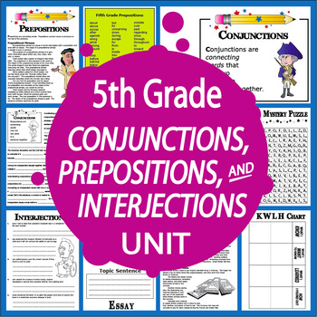 Preview of 5th Grade Conjunctions, Prepositions, Interjections – 3 Lessons & ELA Practice 