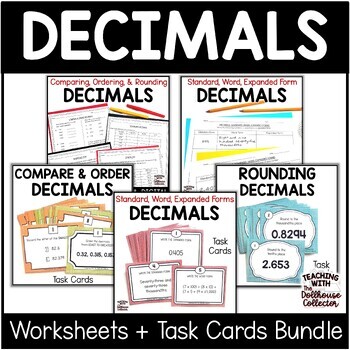 Preview of Decimals Worksheets + Task Cards Comparing, Ordering, Rounding | 5th Grade Math