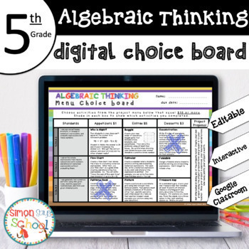 Preview of 5th Grade DIGITAL Algebraic Thinking Choice Board - Editable - Digital Learning