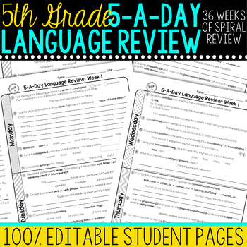 Preview of 5th Grade Daily Language Spiral Review Morning Work [Editable]