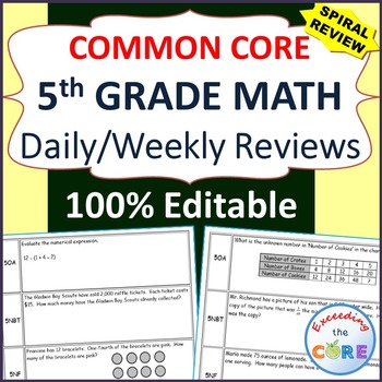 5th Grade Daily or Weekly Spiral Math Review {Common Core} 100% Editable