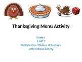 5th Grade Differentiated Thanksgiving Menus Math Activities