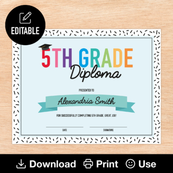 Preview of 5th Grade Diploma, Editable & Printable Teal Graduation Certificate, End of Year