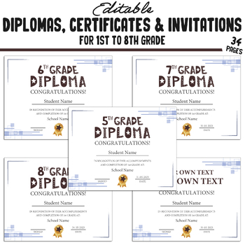 Preview of 5th Grade Diplomas, Editable Certificates for 1st-8th Grades, and Invitations