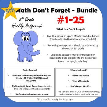 Preview of 5th Math - Weekly Assignment - DON'T FORGET BUNDLE #1-25