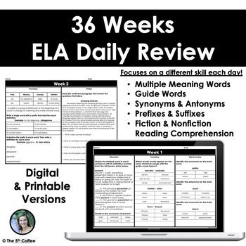 Preview of 5th Grade ELA Daily Review -Multiple Meaning Words, Guide Words Print & Digital
