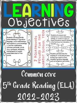 Preview of 5th Grade ELA Reading COMMON CORE Learning Objective Cards | Color and B&W
