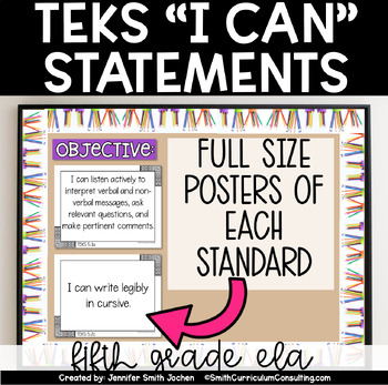 Preview of 5th Grade ELA TEKS I Can Statements Full Size Objective Posters Black and White