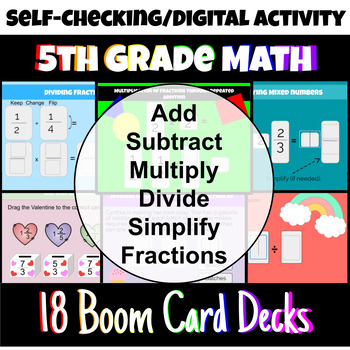 Preview of Add, Subtract, Multiply, Divide Fractions Boom Card Bundle - 5th, 6th, 7th Grade