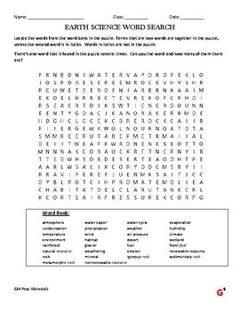 Preview of 5th Grade Earth Science Vocabulary Review (word search, matching, test) - SSA