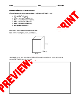 Preview of 5th Grade Editable CCSS Volume Assessment (5.MD.C.3A/B)