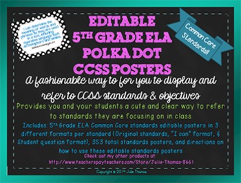 Preview of 5th Grade Editable ELA Common Core Polka Dot Standards Posters- CCSS