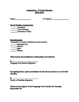 Preview of 5th Grade Elections Application Form