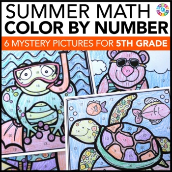 Preview of 5th Grade End of the Year Math Review Color by Number Summer Activities