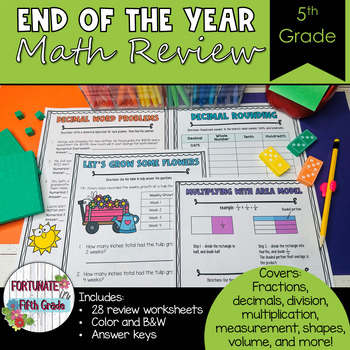 Preview of 5th Grade End of the Year Math Review Worksheet Packet | NO PREP | Summer themed