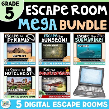 Preview of 5th Grade End of Year Escape Room Bundle - Digital Math ELA & Grammar Games