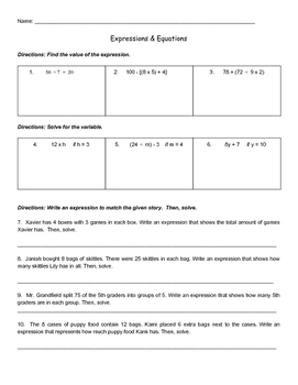 Preview of 5th Grade Expressions & Equations Practice