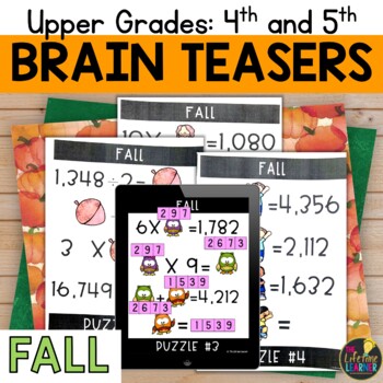 Preview of Fall Logic Puzzles 5th Grade Brain Teasers Multi Digit Multiplication Division
