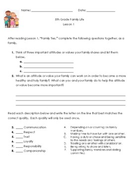 Preview of 5th Grade, Family Life Activities (RCL Benzinger)