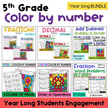 Preview of End of Year Fractions & Decimals Color by Number Worksheets with Word Problems