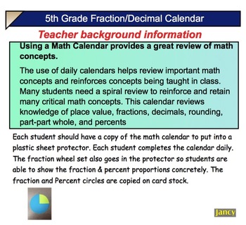 Preview of 5th Grade Common Core Math Calendar: Fractions & Decimals  SMARTBOARD
