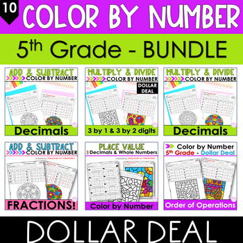 Preview of Fraction and Decimal Operations & more Color by Number Worksheets Bundle Grade 5