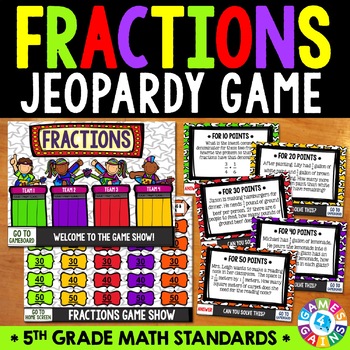 Preview of 5th Grade Fractions Review Jeopardy Game - Test Prep, Fun Fridays Activity