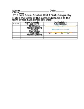 Preview of 5th Grade Geography Unit 1 Picture Vocabulary Quiz