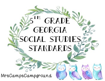 Preview of 5th Grade Georgia Social Studies Standards - Watercolor Owl Theme