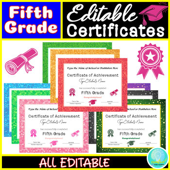 Preview of 5th Grade Graduation Certificates Editable Promotion Certificates Glitter Border