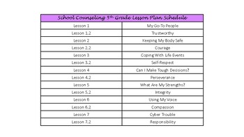 Preview of 5th Grade Guidance Lesson Topic Schedule