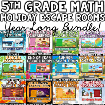 Preview of 5th Grade HOLIDAY Math Digital Escape Room Games SEASONAL YEAR LONG BUNDLE