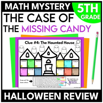 Preview of 5th Grade Halloween Math Mystery Review Worksheets Escape Room