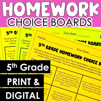 Preview of 5th Grade Homework Choice Boards | 5th Grade Homework Worksheets