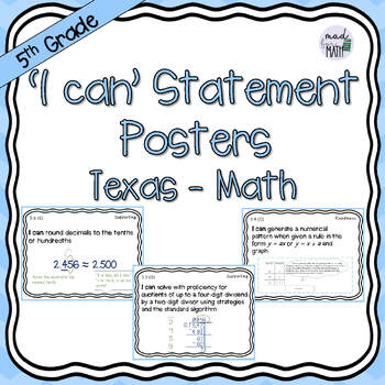 Preview of 5th Grade "I Can" Statement Posters Texas Math TEKS All Standards