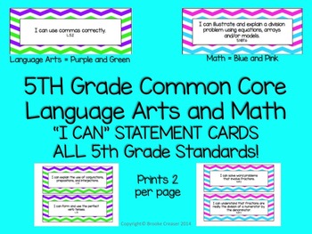 Preview of 5th Grade "I Can" Statements for BOTH Common Core Language Arts and Math