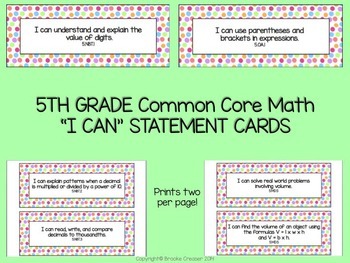 Preview of 5th Grade "I Can" Statements for Common Core Math