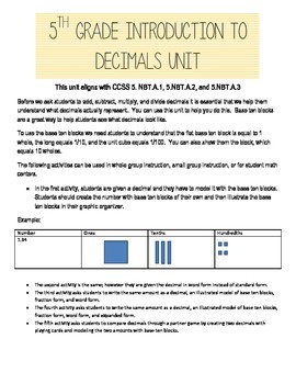 Preview of 5th Grade Introduction to Decimals Unit