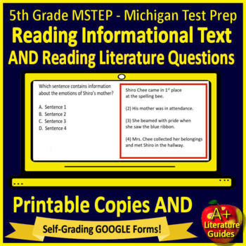 Preview of 5th Grade M-Step Test Prep Reading Print & SELF-GRADING GOOGLE! Michigan MSTEP